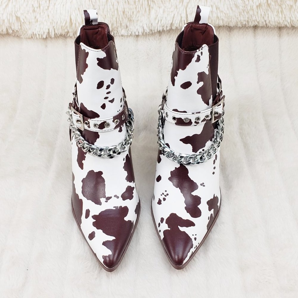 Demitri Brown White Cow Print Western Cowgirl Pull On Ankle Boot - Picture 6 of 13